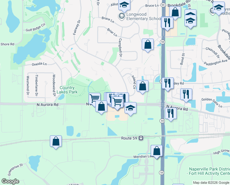 map of restaurants, bars, coffee shops, grocery stores, and more near 732 Greenwood Circle in Naperville