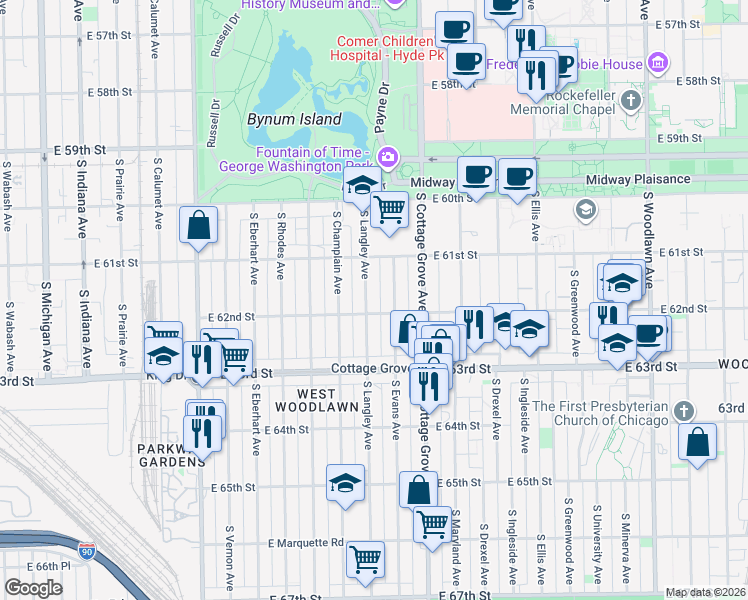 map of restaurants, bars, coffee shops, grocery stores, and more near 6147 South Langley Avenue in Chicago