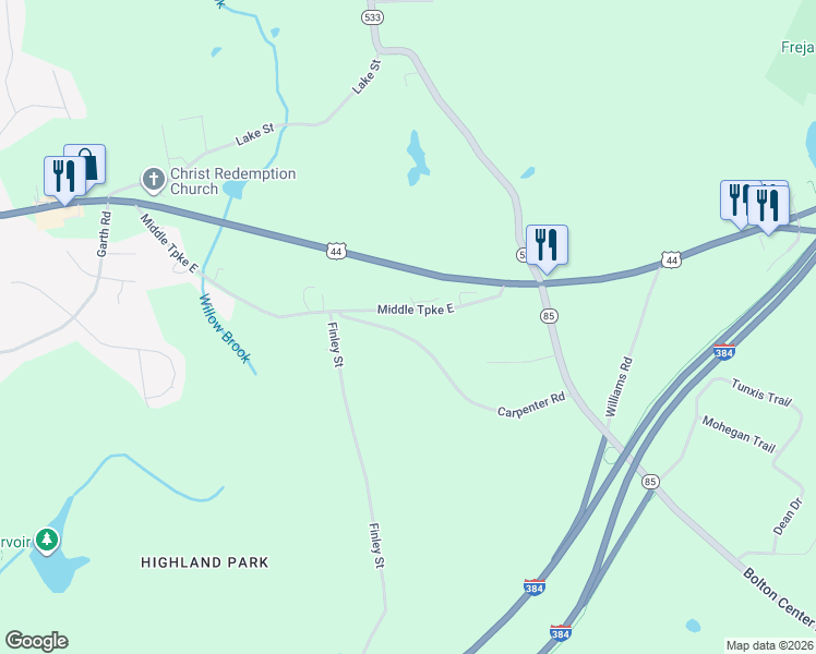 map of restaurants, bars, coffee shops, grocery stores, and more near 61 Bolton Center Road in Manchester