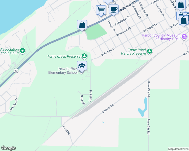map of restaurants, bars, coffee shops, grocery stores, and more near 12346 Lubke Road in New Buffalo