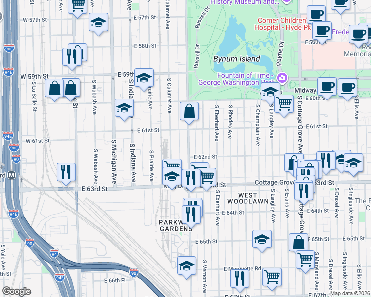 map of restaurants, bars, coffee shops, grocery stores, and more near 6142 South King Drive in Chicago