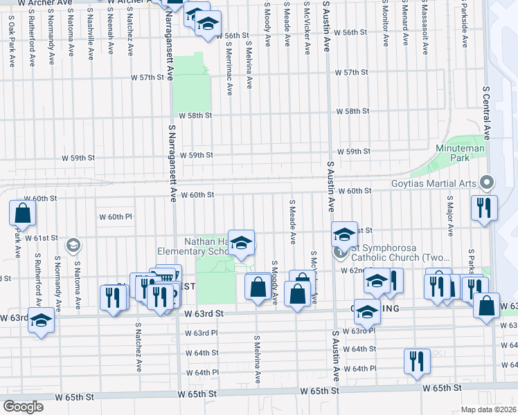 map of restaurants, bars, coffee shops, grocery stores, and more near 6024 South Moody Avenue in Chicago