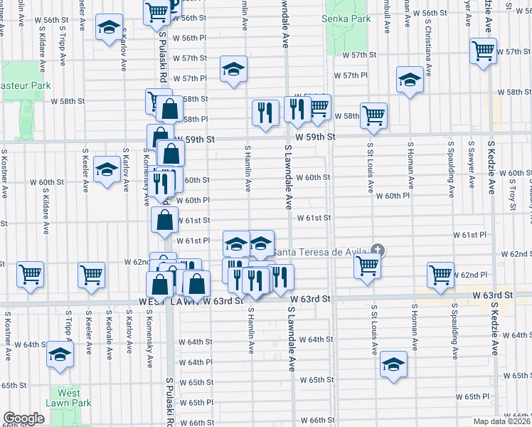 map of restaurants, bars, coffee shops, grocery stores, and more near 3734 West 61st Street in Chicago