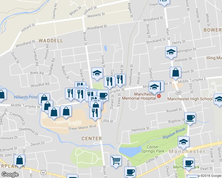 map of restaurants, bars, coffee shops, grocery stores, and more near 175 Middle Turnpike West in Manchester