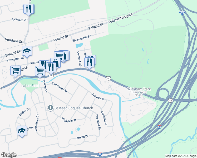 map of restaurants, bars, coffee shops, grocery stores, and more near 1285 Burnside Avenue in East Hartford
