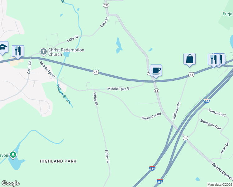 map of restaurants, bars, coffee shops, grocery stores, and more near 61 Bolton Center Road in Manchester