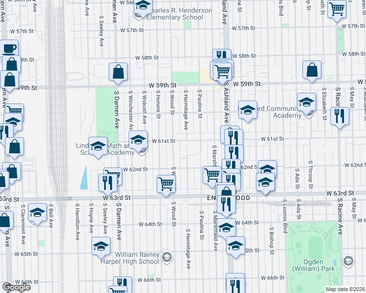 map of restaurants, bars, coffee shops, grocery stores, and more near 6117 South Wood Street in Chicago