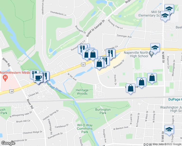map of restaurants, bars, coffee shops, grocery stores, and more near 701 Royal Saint George Drive in Naperville