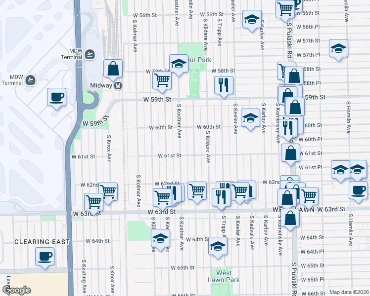 map of restaurants, bars, coffee shops, grocery stores, and more near 6047 South Kostner Avenue in Chicago