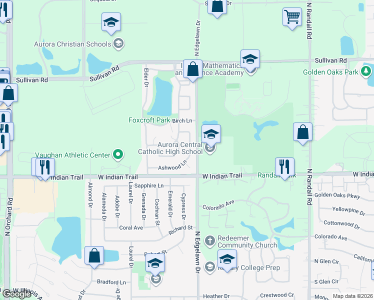 map of restaurants, bars, coffee shops, grocery stores, and more near 1867 Ashwood Lane in Aurora