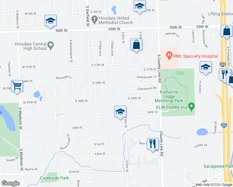 map of restaurants, bars, coffee shops, grocery stores, and more near 228 Meadowbrook Lane in Hinsdale