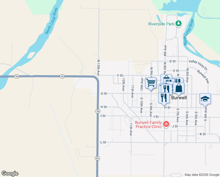 map of restaurants, bars, coffee shops, grocery stores, and more near 1201-1263 G St in Burwell