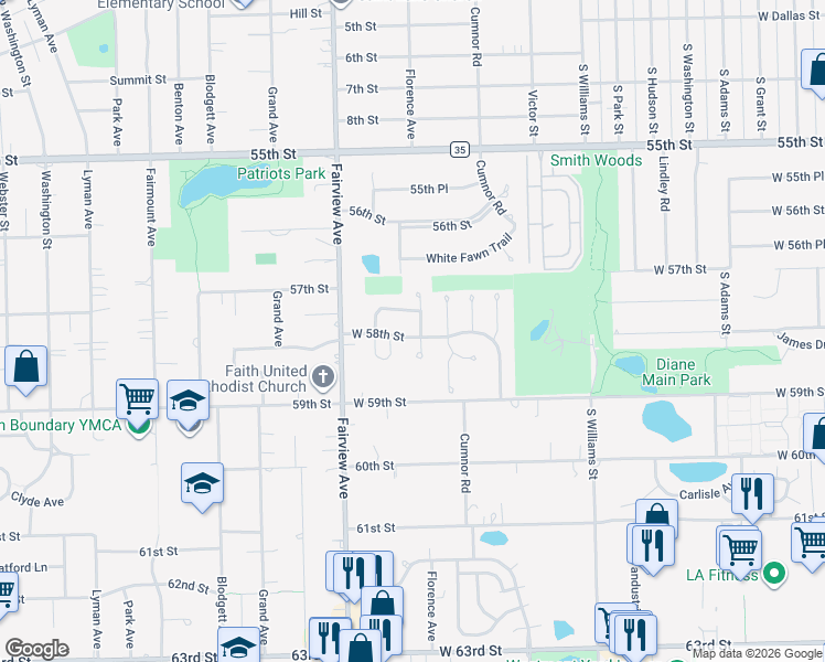 map of restaurants, bars, coffee shops, grocery stores, and more near 700 West 58th Street in Westmont