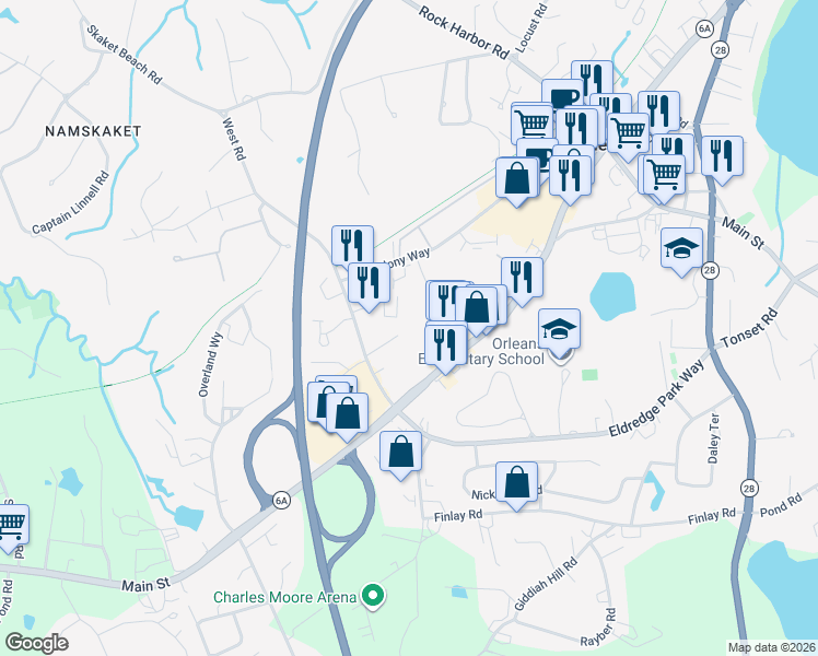 map of restaurants, bars, coffee shops, grocery stores, and more near 18 West Road in Orleans