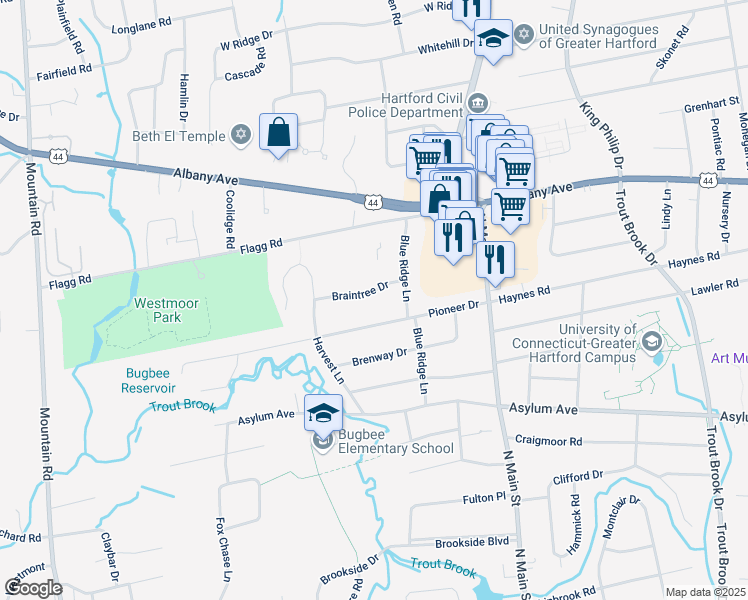 map of restaurants, bars, coffee shops, grocery stores, and more near 17 Braintree Drive in West Hartford