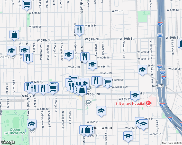 map of restaurants, bars, coffee shops, grocery stores, and more near 720 West 61st Place in Chicago