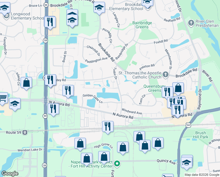 map of restaurants, bars, coffee shops, grocery stores, and more near Ontario Avenue in Naperville