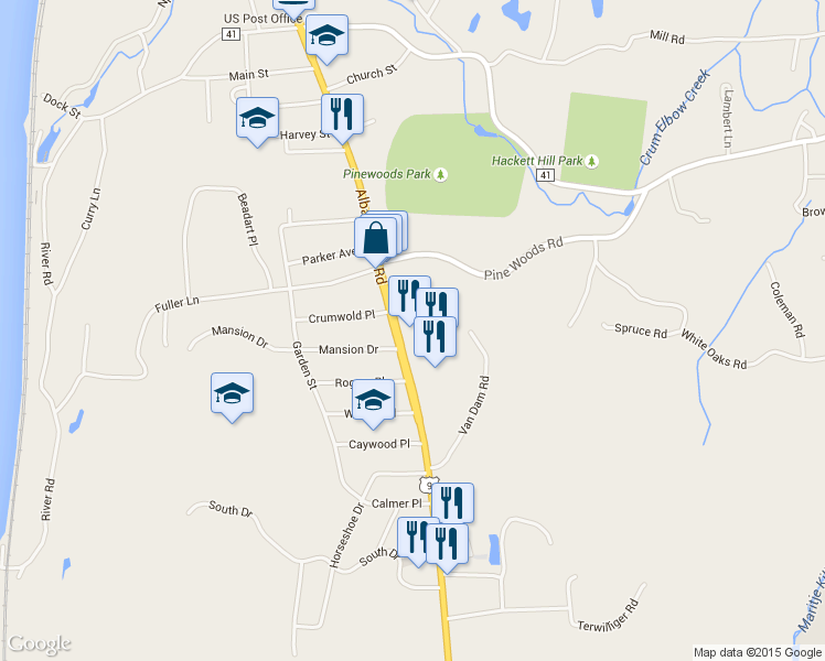 map of restaurants, bars, coffee shops, grocery stores, and more near 566 Albany Post Road in Hyde Park