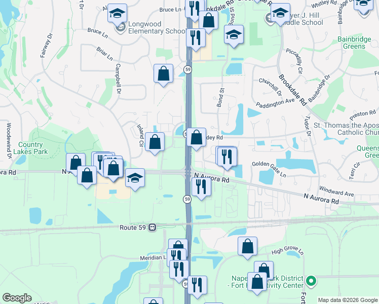map of restaurants, bars, coffee shops, grocery stores, and more near 848 Rte 59 in Naperville