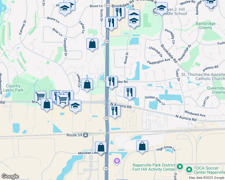 map of restaurants, bars, coffee shops, grocery stores, and more near 760 Illinois Route 59 in Naperville