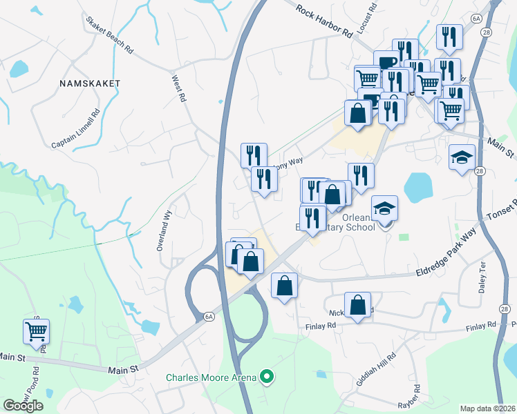 map of restaurants, bars, coffee shops, grocery stores, and more near 29 West Road in Orleans