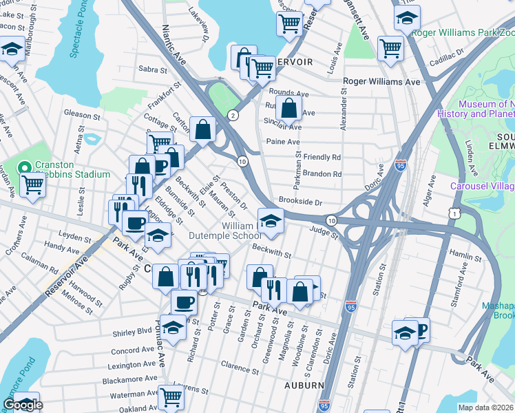 map of restaurants, bars, coffee shops, grocery stores, and more near 20 Beacon Circle in Cranston