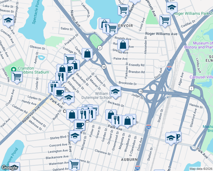 map of restaurants, bars, coffee shops, grocery stores, and more near 20 Beacon Circle in Cranston