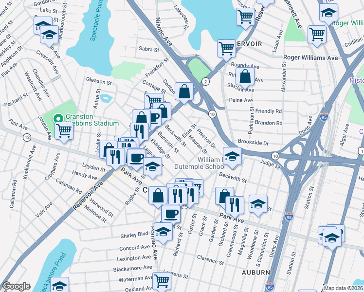 map of restaurants, bars, coffee shops, grocery stores, and more near 275 Beckwith Street in Cranston