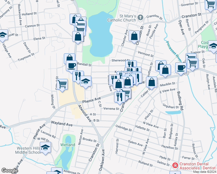 map of restaurants, bars, coffee shops, grocery stores, and more near 16 Greene Avenue in Cranston