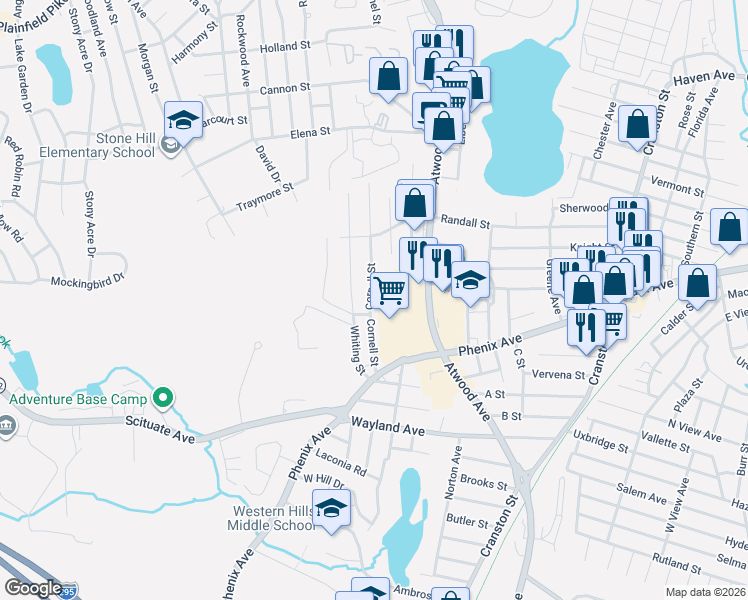 map of restaurants, bars, coffee shops, grocery stores, and more near 142 Cornell Street in Cranston