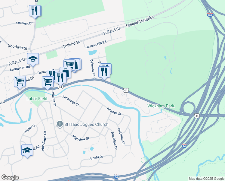 map of restaurants, bars, coffee shops, grocery stores, and more near 1285 Burnside Avenue in East Hartford