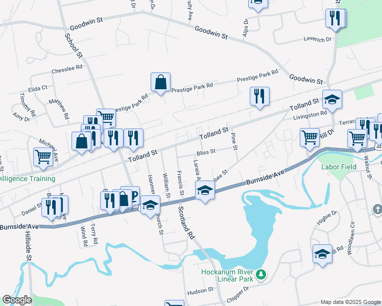 map of restaurants, bars, coffee shops, grocery stores, and more near 56 Laraia Avenue in East Hartford