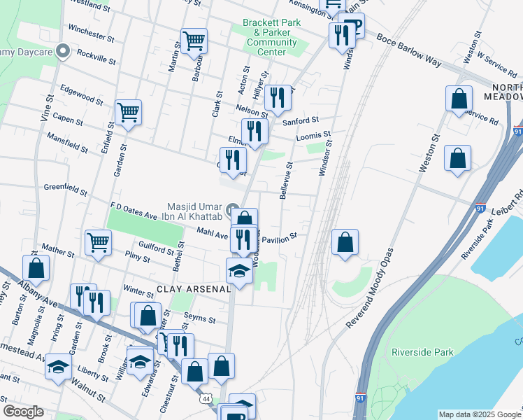 map of restaurants, bars, coffee shops, grocery stores, and more near 151 Wooster Street in Hartford