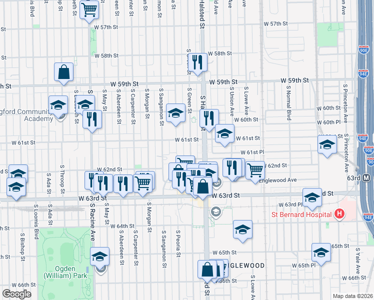 map of restaurants, bars, coffee shops, grocery stores, and more near 6126 South Green Street in Chicago