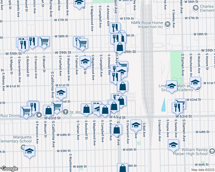 map of restaurants, bars, coffee shops, grocery stores, and more near 6110 South Artesian Avenue in Chicago