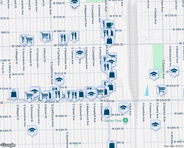map of restaurants, bars, coffee shops, grocery stores, and more near 6111 South Maplewood Avenue in Chicago