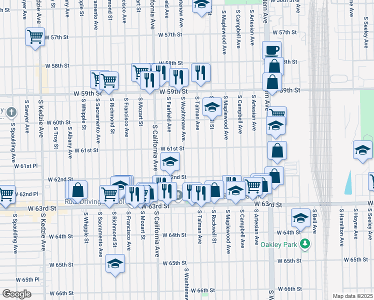 map of restaurants, bars, coffee shops, grocery stores, and more near 6106 South Washtenaw Avenue in Chicago