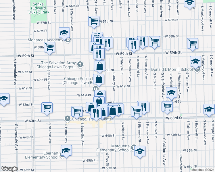 map of restaurants, bars, coffee shops, grocery stores, and more near 6105 South Troy Street in Chicago
