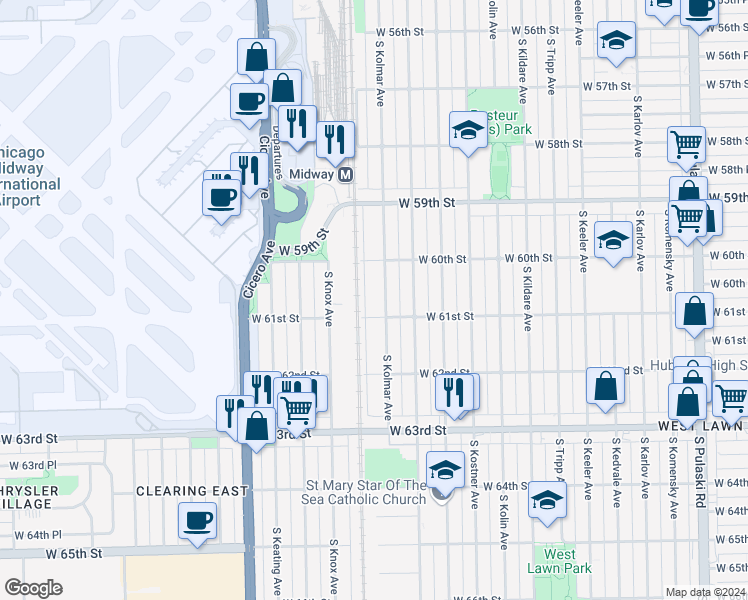 map of restaurants, bars, coffee shops, grocery stores, and more near 6046 South Kolmar Avenue in Chicago