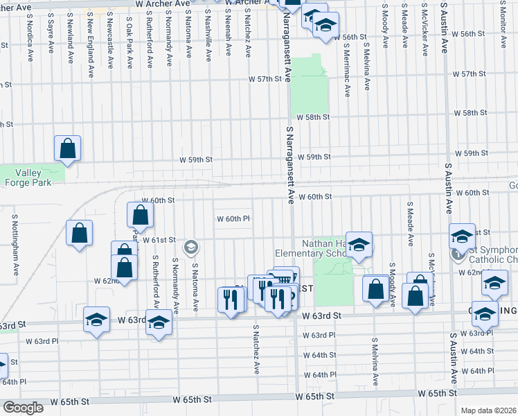 map of restaurants, bars, coffee shops, grocery stores, and more near 6020 South Nagle Avenue in Chicago