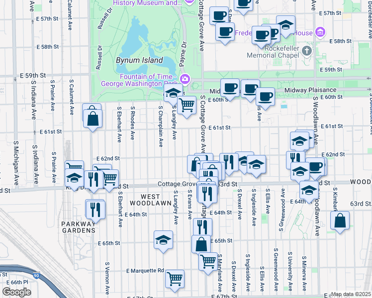 map of restaurants, bars, coffee shops, grocery stores, and more near 6146 South Evans Avenue in Chicago