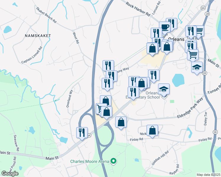 map of restaurants, bars, coffee shops, grocery stores, and more near 18 West Road in Orleans