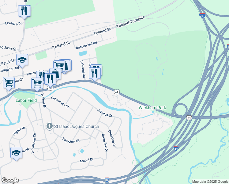 map of restaurants, bars, coffee shops, grocery stores, and more near 1315 Burnside Avenue in East Hartford