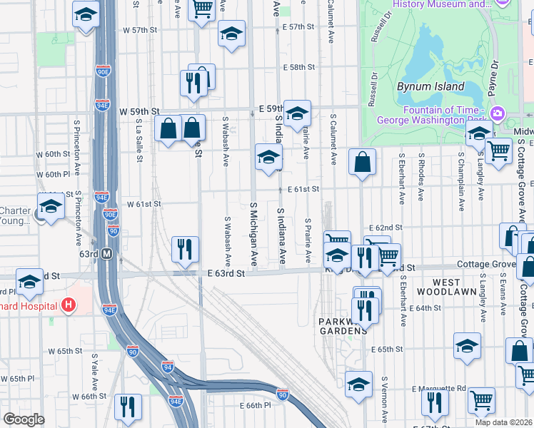 map of restaurants, bars, coffee shops, grocery stores, and more near 6129 South Indiana Avenue in Chicago