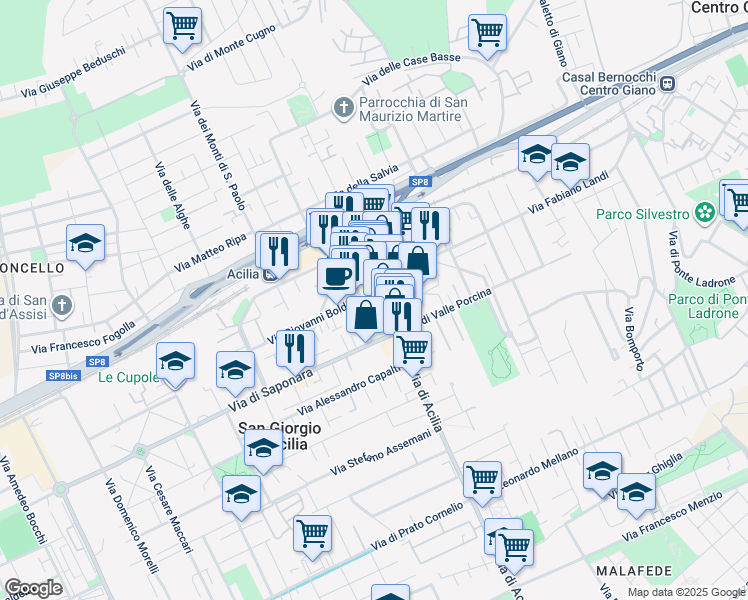 map of restaurants, bars, coffee shops, grocery stores, and more near 57/B Via di Acilia in Rome