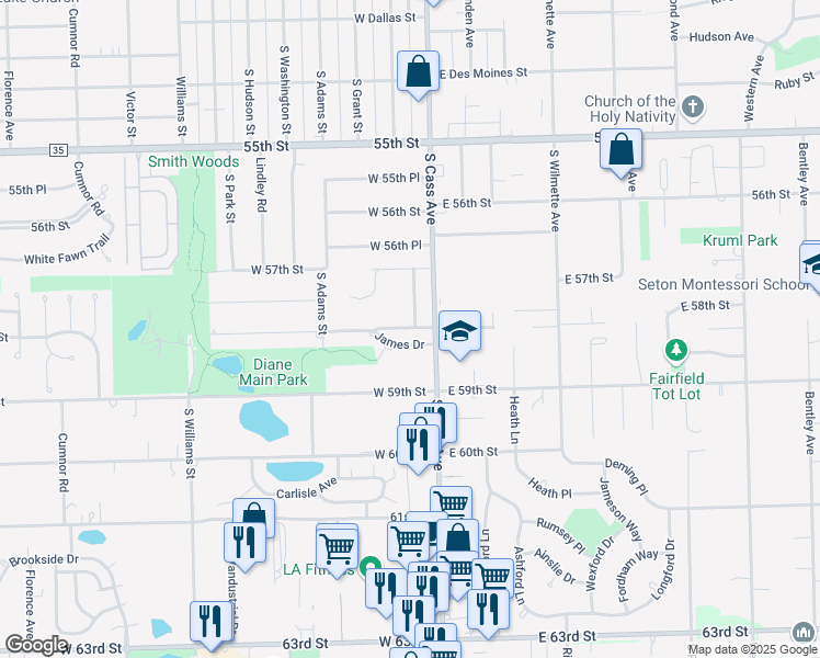 map of restaurants, bars, coffee shops, grocery stores, and more near 407 West 63rd Street in Westmont