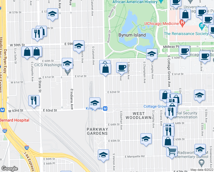 map of restaurants, bars, coffee shops, grocery stores, and more near 6139 South King Drive in Chicago