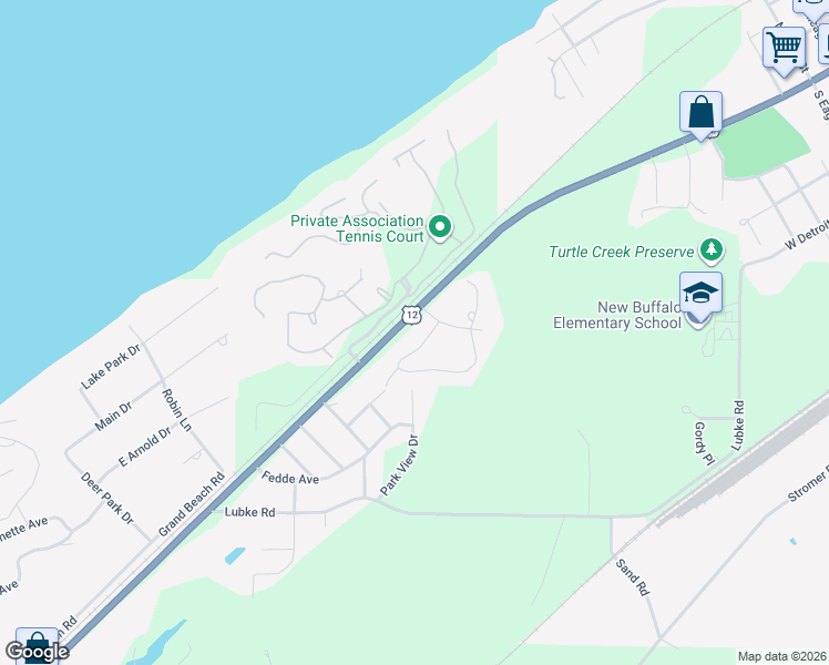 map of restaurants, bars, coffee shops, grocery stores, and more near 18690 Old Field Road in New Buffalo