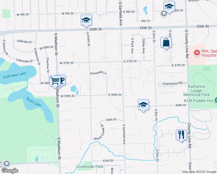 map of restaurants, bars, coffee shops, grocery stores, and more near 5815 South Washington Street in Hinsdale