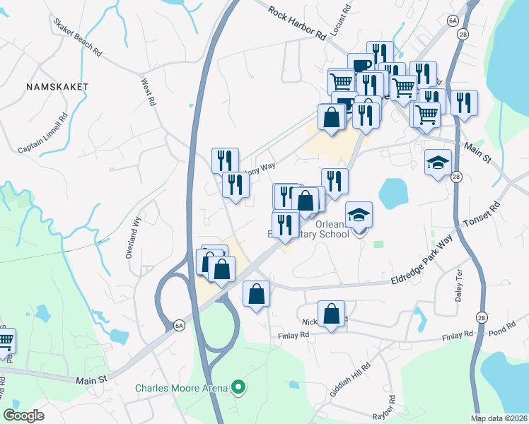 map of restaurants, bars, coffee shops, grocery stores, and more near 18 West Road in Orleans